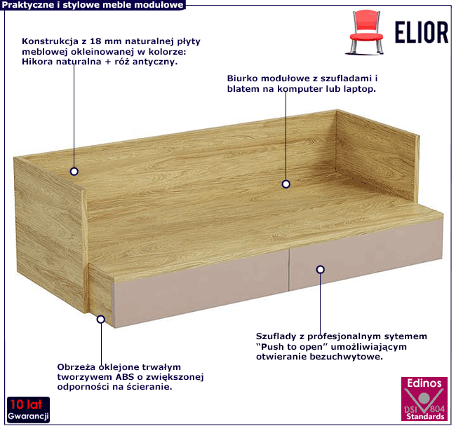 Biurko modułowe hikora naturalna + róż antyczny Afilia 3X