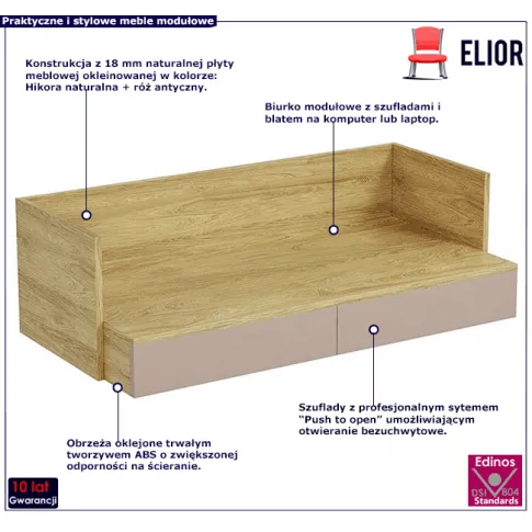 Biurko z szufladami w dekorze hikora naturalna róz antyczny Horizonte 3X