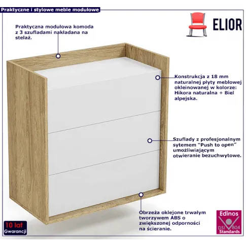 Komoda z szufladami w dekorze hikora naturalna biel alpejska Horizonte 4X