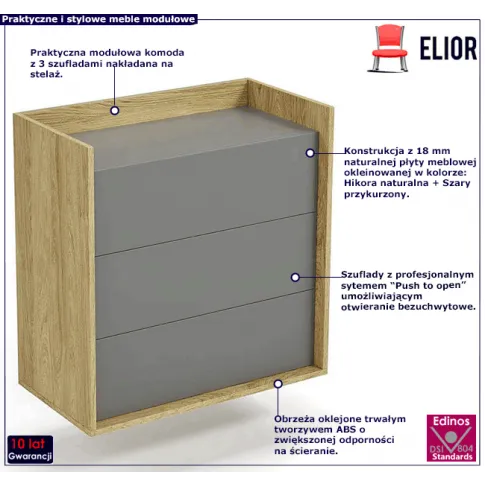 Komoda z szufladami w dekorze hikora naturalna szary przykurzony Horizonte 4X
