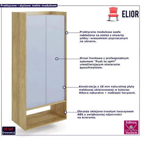 Szafa z wieszakiem i półką w dekorze hikora naturalna niebieski horyzont Horizonte 6X