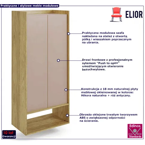 Szafa z wieszakiem i półką w dekorze hikora naturalna róż antyczny Horizonte 6X
