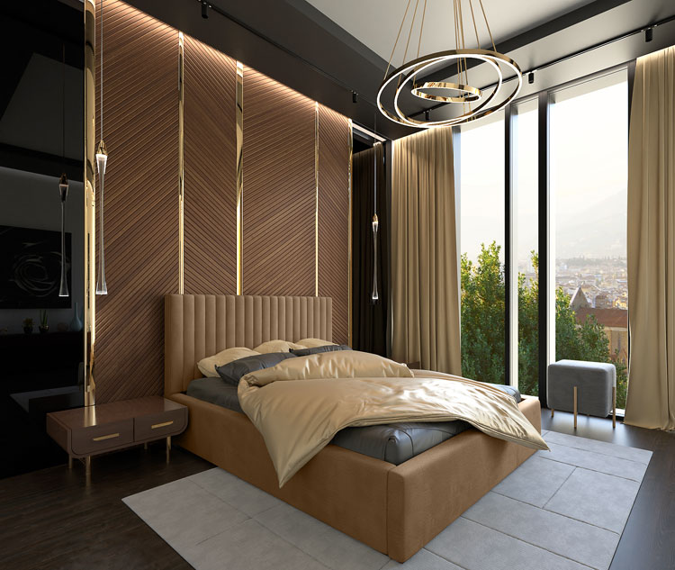 Sypialnia nowoczesna z wykorzystaniem łóżka tapicerowanego Groban