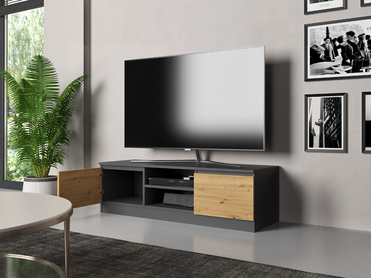 Loftowa szafka pod sprzęt RTV antracyt+dąb artisan Noria 2X