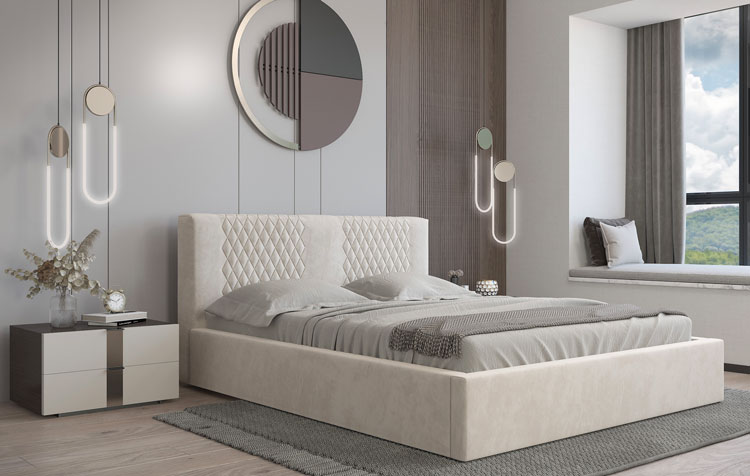 Sypialnia z zastosowaniem łóżka tapicerowanego Serita