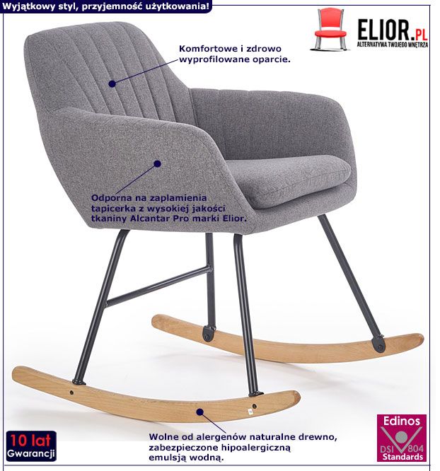 Popielaty fotel bujany do salonu Hiras