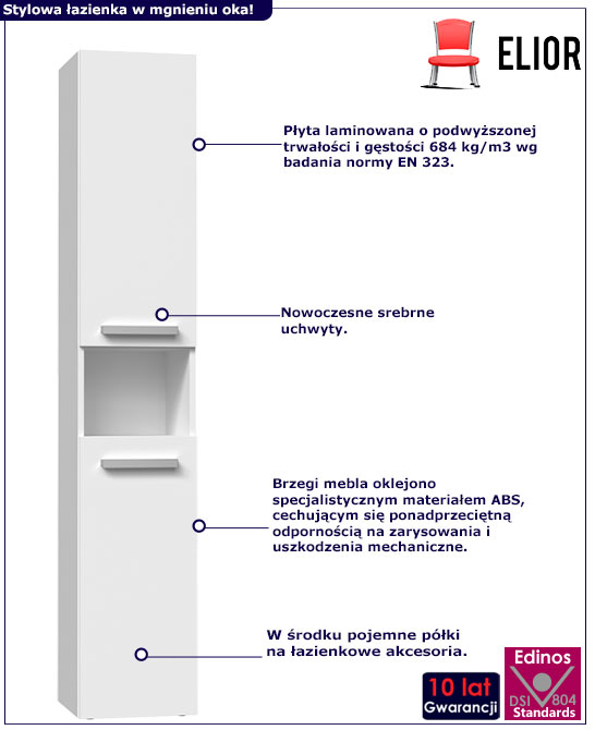 Infografika białej słupka łazienkowego Merimo 3X
