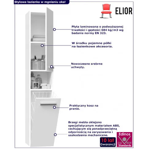 Infografika białego połysk słupka łazienkowego z koszem merimo 5x