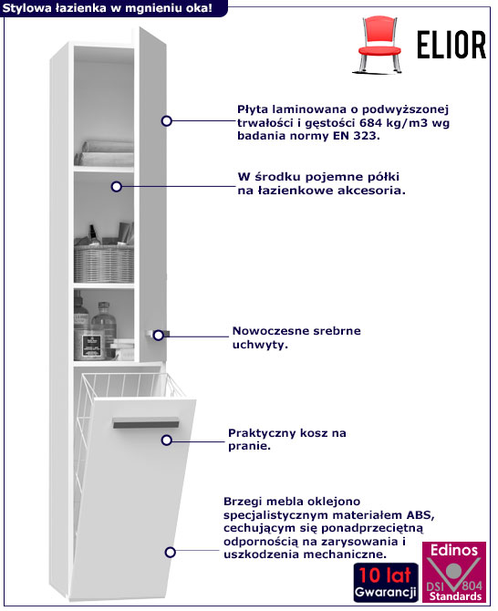 Infografika nowoczesnego słupka łazienkowego z koszem na pranie Merimo 6X