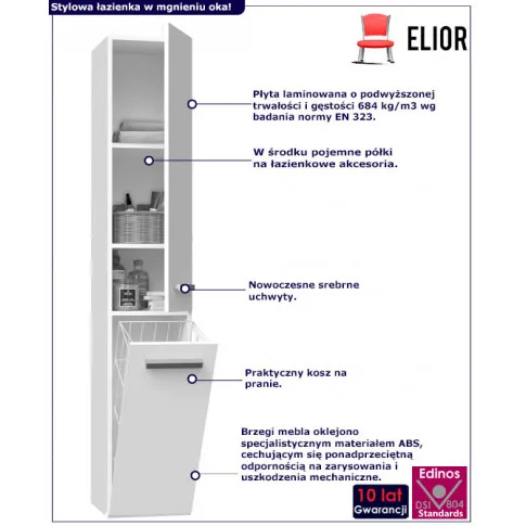 Infografika białego słupka łazienkowego z koszem merimo 6x