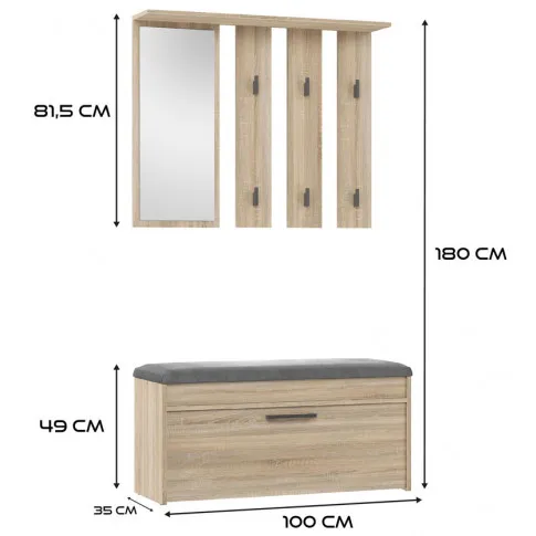 wymiary nowoczesnej garderoby do przedpokoju z siedziskiem sonoma wenezi 3x