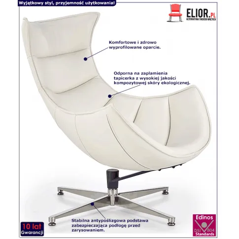 Fotografia Obrotowy fotel wypoczynkowy ze skóry ekologicznej Trida - biały z kategorii Pozostałe fotele