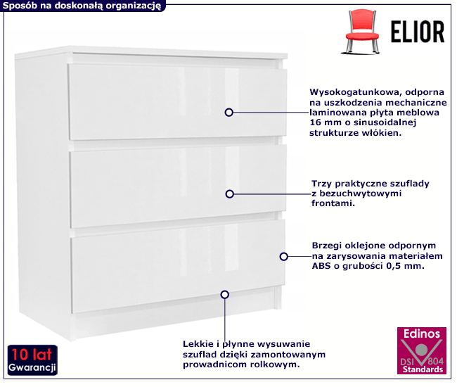 Biała nowoczesna komoda z 3 szufladami Glenn 4X