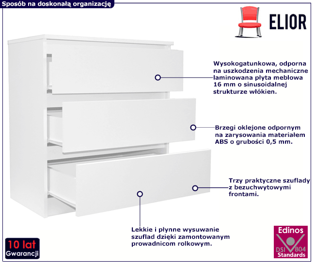 Biała minimalistyczna komoda z 3 szufladami Hisa 5X