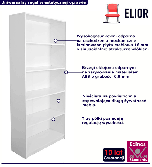 Biały regał otwarty na książki z półkami Stejar 6X