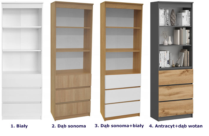 Minimalistyczny regał Olmi z szufladami