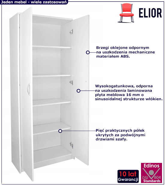 Biała minimalistyczna szafa dwudrzwiowa z półkami Lunari