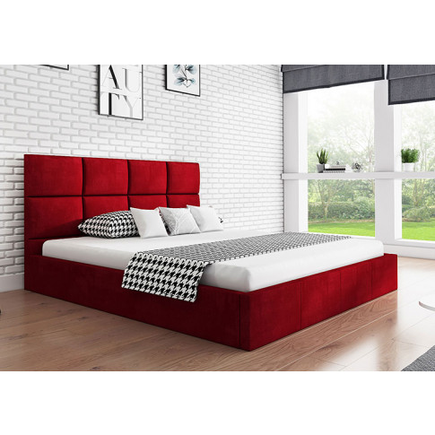 Wizualizacja aranżacji z czerwonym tapicerowanym łóżkiem Nikos 2X