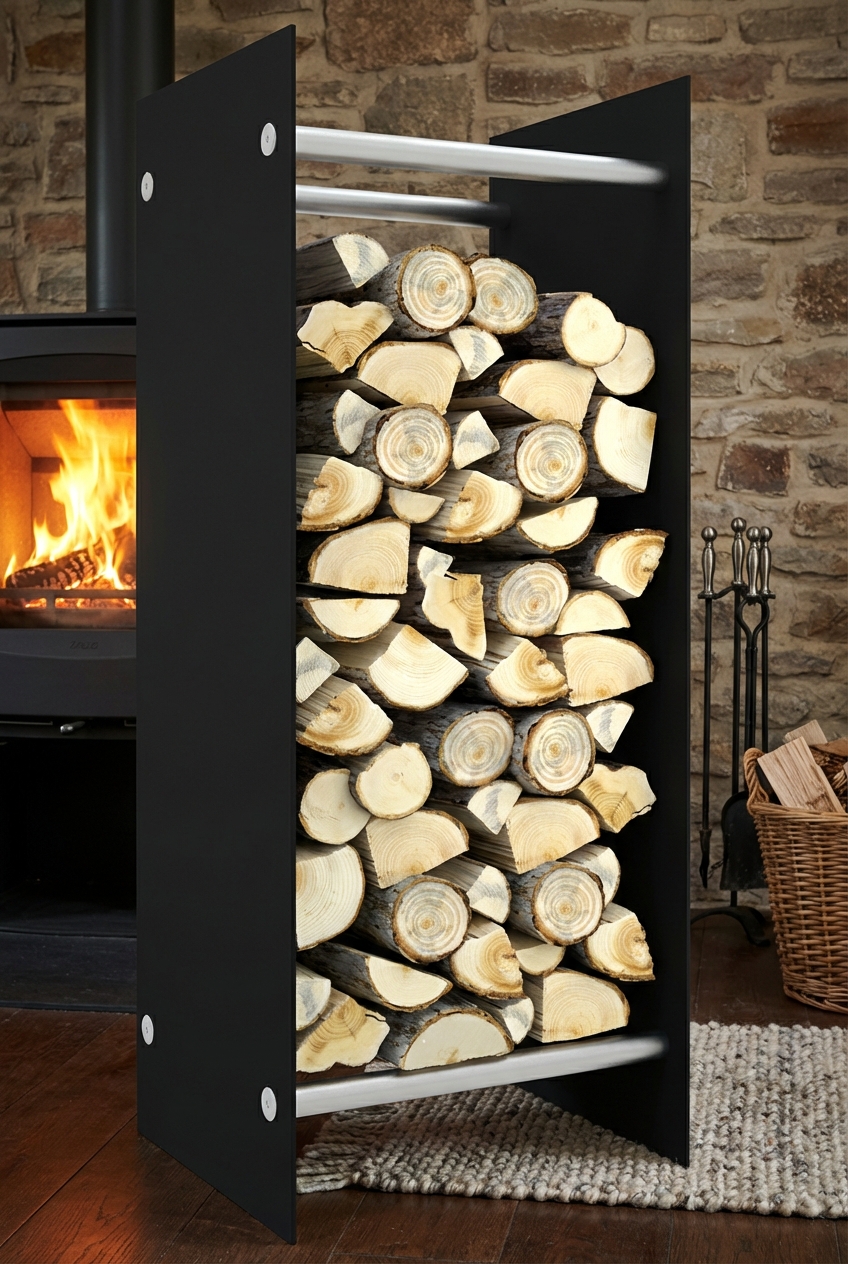 Aranżacja pokoju ze stojakiem na drewno kominkowe - Kobix 3X 