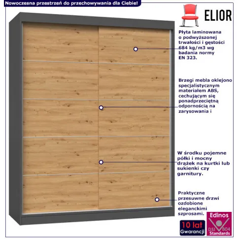 Infografika szafy na ubrania z drzwiami przesuwnymi ze szprosami antracyt 160 cm cetris 7x