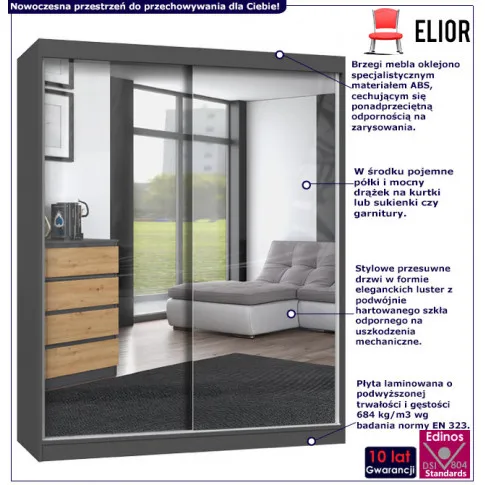 Infografika szafy na ubrania 160 cm lustrzane drzwi antracyt cetris 8x