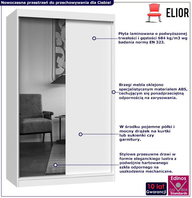 Infografika szafy suwanej białej 120 cm z lustrem Cetris 9X