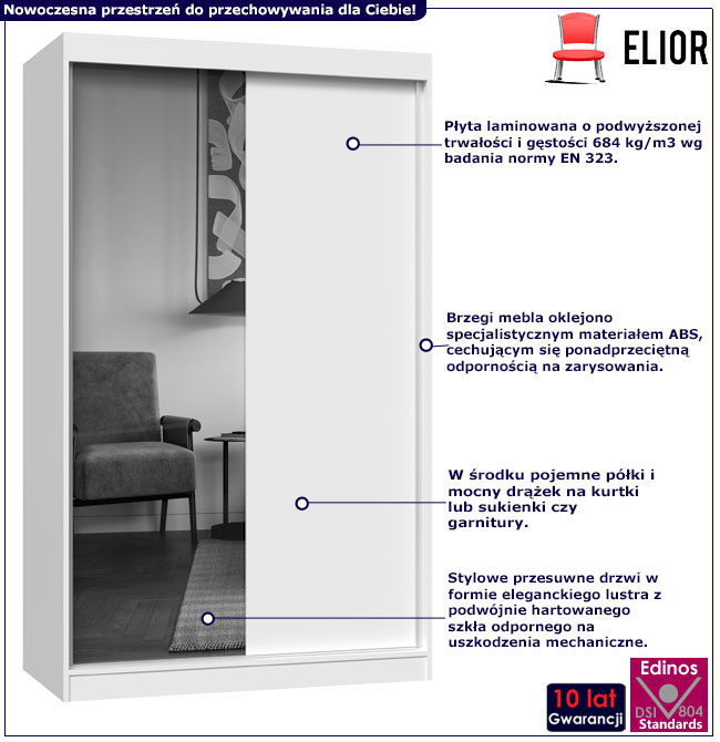 Infografika szafy suwanej białej 120 cm z lustrem Stoflis 9X