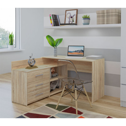 wizualizacja biurka nowoczesnego narożnego dąb sonoma aramis