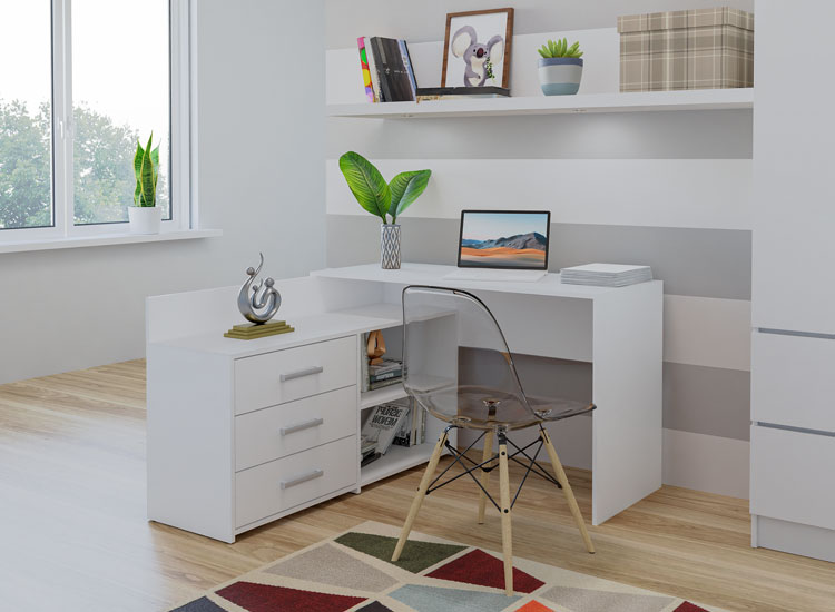 Wnętrze z wykorzystaniem biurka narożnego w kolorze białym Aramis