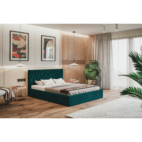 Wizualizacja aranżacji z turkusowym tapicerowanym łóżkiem 180x200 Rivoli