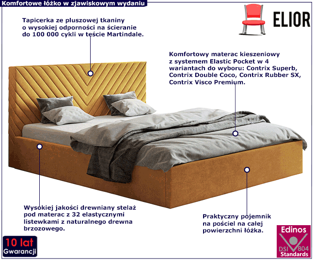 Musztardowe łóżko z drewnianym stelażem 160x200 Nuvell 3X