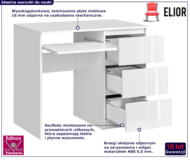 Nowoczesne białe biurko w połysku z szufladami Omega 3X