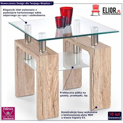 Fotografia Kwadratowy stolik szklany Tamiza 2X - dąb san remo z kategorii Ławy i stoliki