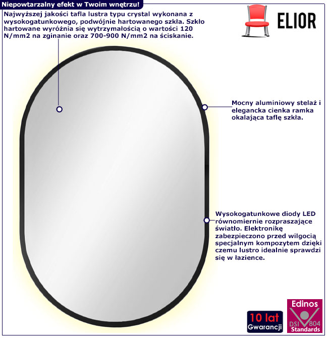 Infografika czarnego owalnego lustra z led Evio 3X