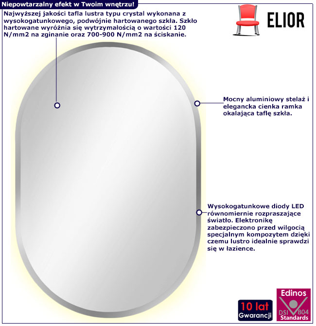 Infografika srebrnego owalnego lustra z led Fonsi 3X