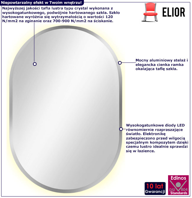Infografika srebrnego owalnego lustra z led Evio 3X