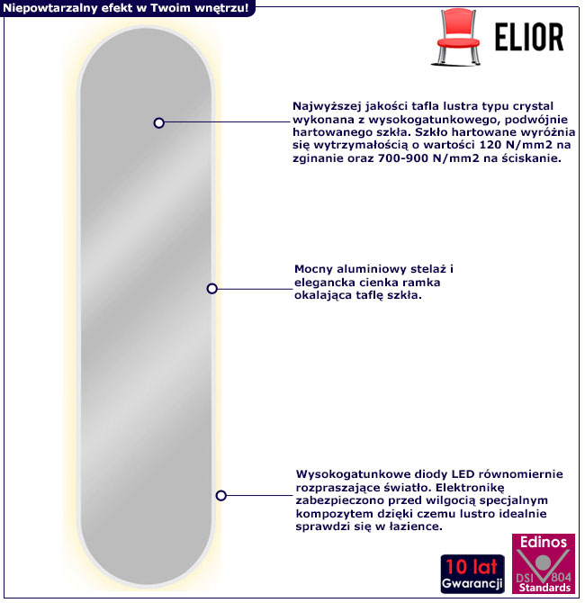 Infografika owalnego lustra łazienkowego z led Fonsi 4X