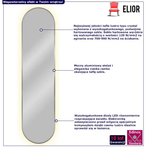 infografika srebrnego wąskiego lustra owalnego led 155x40 fonsi 4x