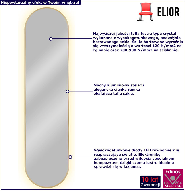 Infografika złotego lustra z podświetleniem ledowym Fonsi 4X