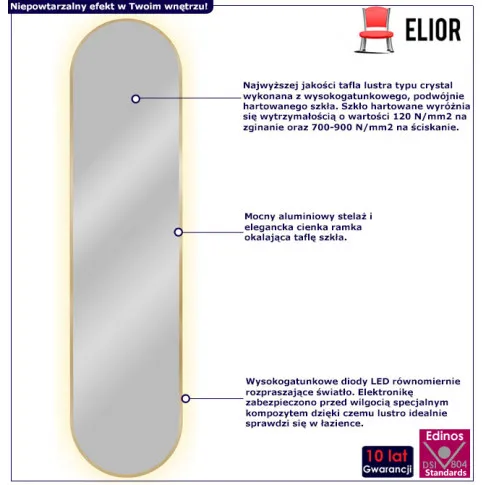 infografika złotego wąskiego lustra owalnego led 155x40 fonsi 4x