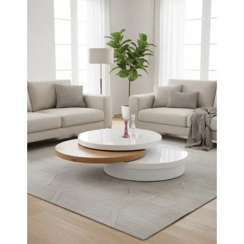 Fotografia Rozkładana ława okrągła biały połysk + dąb - Plati z kategorii Ławy i stoliki