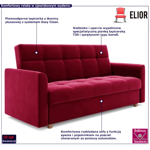 Burgundowa sofa rozkładana Sondra