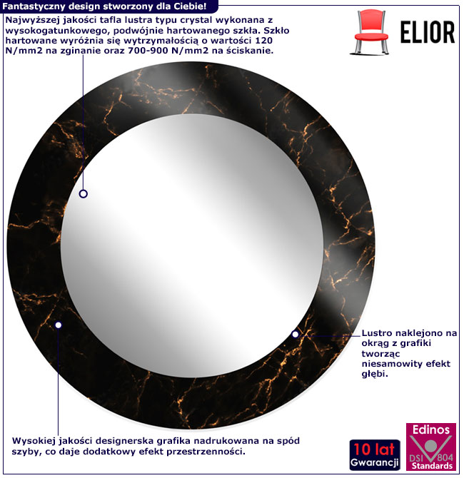 Infografika okrągłego lustra w marmurowej ramie Tutori 6X
