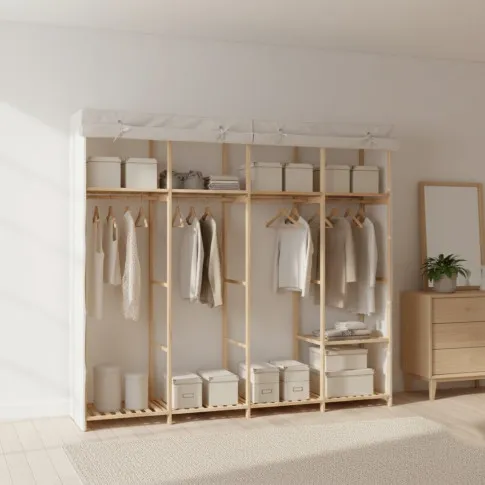 Biała duża szafa tekstylna z półkami i drążkiem   Erivox 7X