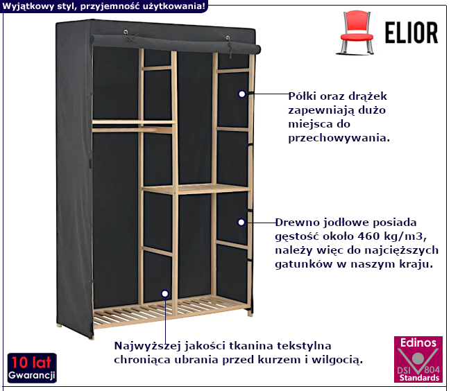 Grafitowa szafa tekstylna z półkami Gerom 8X