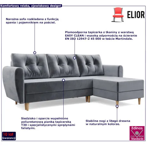 Narożnik rozkładany kolor popielaty Castello 4X