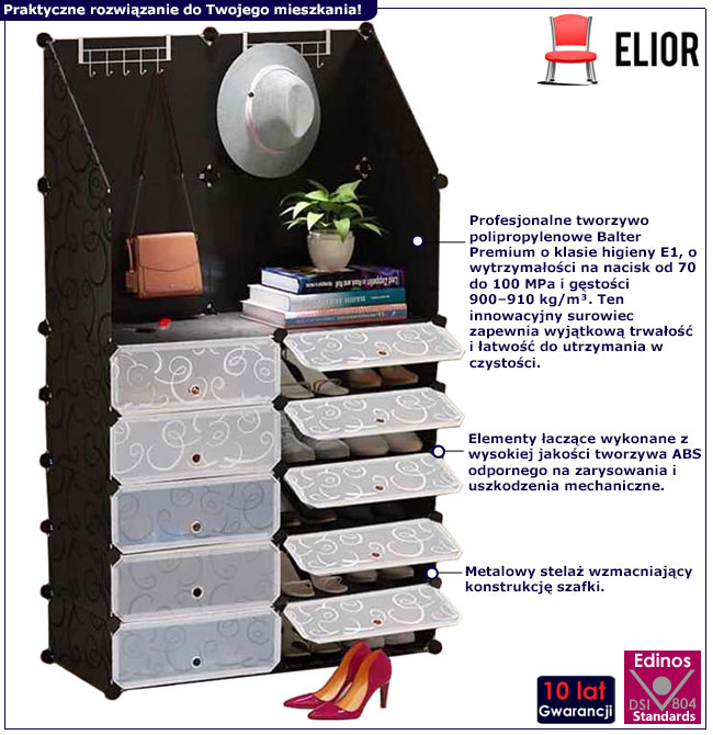 Infografika nowoczesnej szafki na buty z wieszakiem na klucze Nina Black