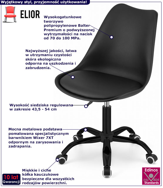Infografika czarnego skandynawskiego fotela obrotowego Gezo