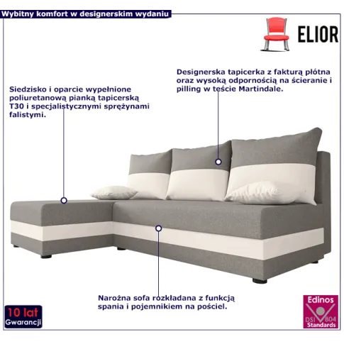 Popielato biały narożnik z pojemnikiem Gavin