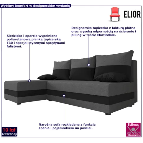 Szaro czarny narożnik z pojemnikiem Gavin